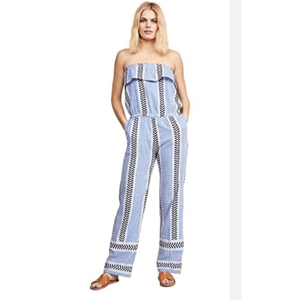 Lemlem Kesiti Strapless Jumpsuit blue print ruffle top sz small